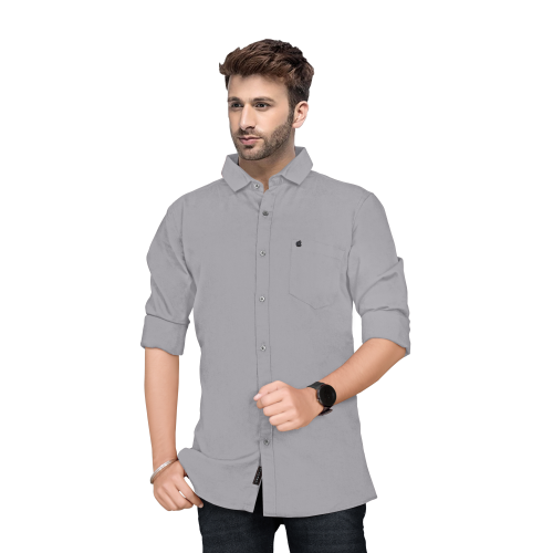 MEN SLIM FIT SOLID BUTTON SPREAD COLLAR CASUAL SHIRT GREY COLOUR