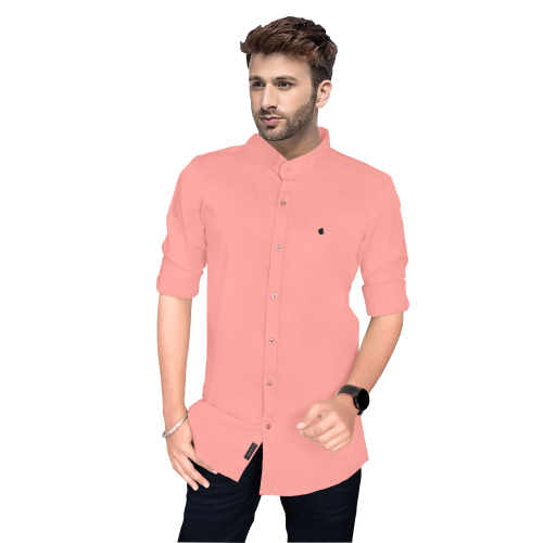 MEN SLIM FIT SOLID BUTTON DOWN COLLAR CASUAL SHIRT PEACH COLOUR