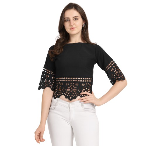 CASUAL HALF SLEEVE LASER CUT WOMEN TOP DL